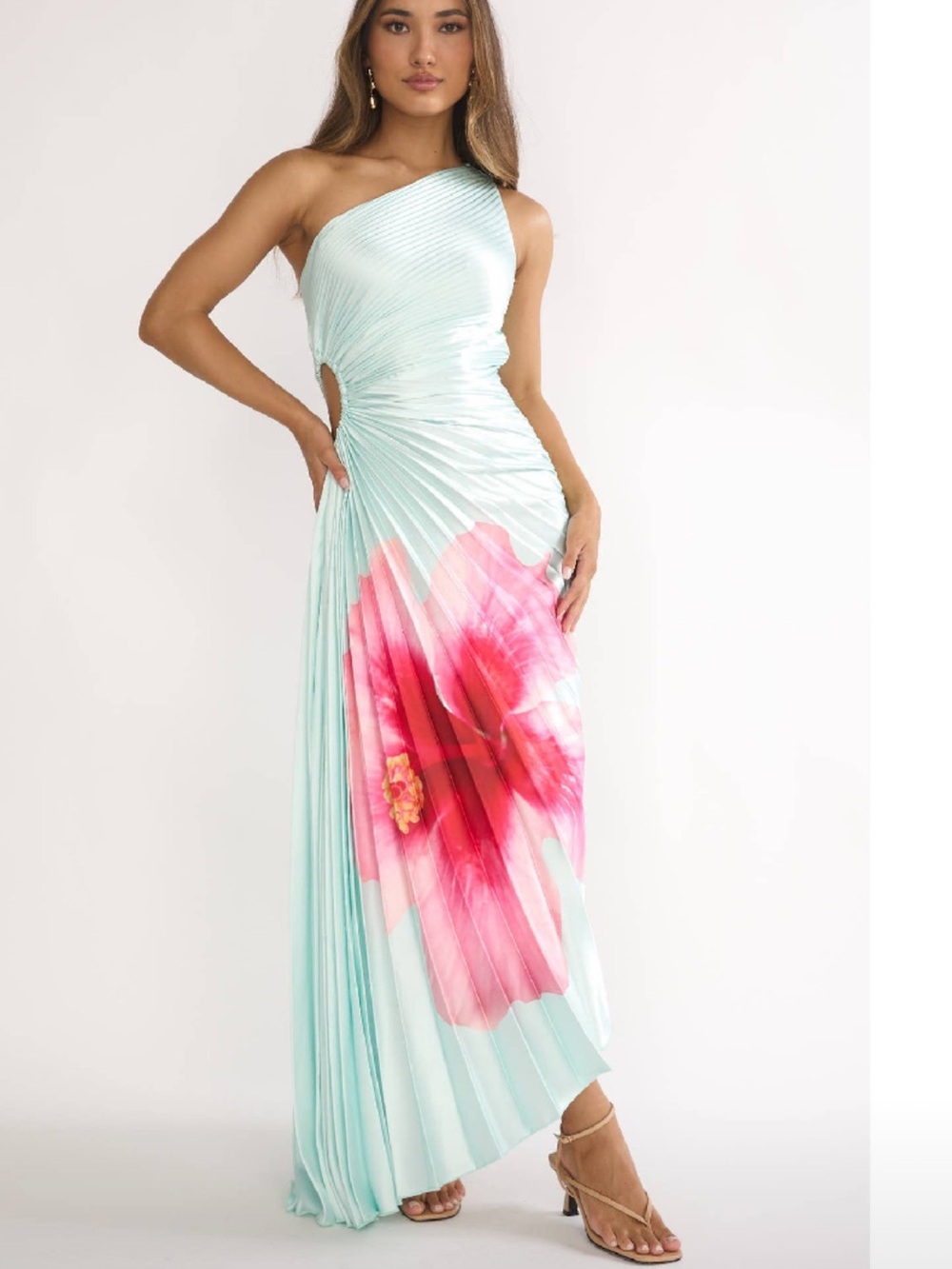 One-Shoulder Mint Green Maxi Dress with Pink Floral Accent